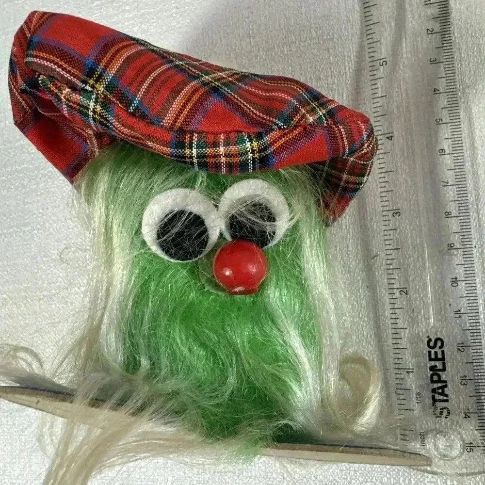 Vintage Troll Plaid Hat Green Beard, Red nose, Big‎ Eyes Golfer Scottish 4"
